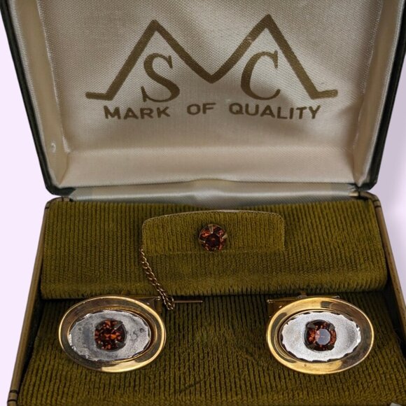 Vintage Orange Glass Cufflink & Tie Pin Set - Picture 4 of 8